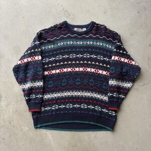 Vintage Cotton Traders Fair Isle Knit Sweater Mens Medium Ramie Cotton 90s Navy